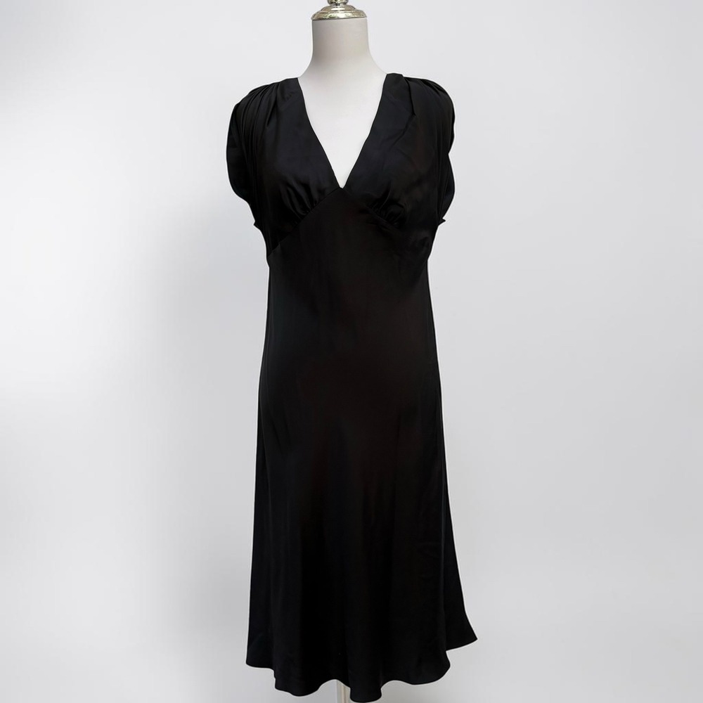 Zara Woman 100% Silk Midi Dress Large Blank V-Neck Rouch Sleeve Slip Classy LBD